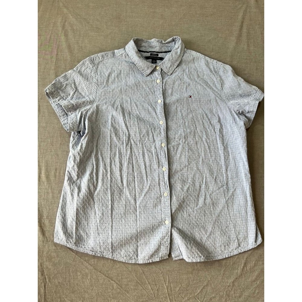 Tommy Hilfiger Button Up Shirt Adult 2XL Gray Polka DotShort Sleeve Casual Mens.
